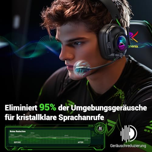 Krysenix KGH2 Gaming Headset Wireless für PS5, PS4, PC, Mac, Switch, 2.4GHz Gaming Headset mit Mikrofon, Noise Cancelling Kabelloses Kopfhörer mit LED-Lichtern, 40H Akkulaufzeit, Tintenschwarz Bild 5