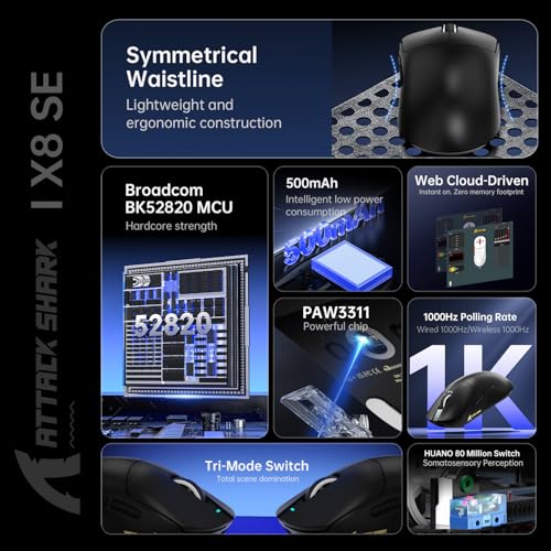 ATTACK SHARK X8SE Mouse for Large Hand, 55g Superlight, PixArt PAW3311 Gaming Sensor, BT/2.4G Wireless/Wired, Adjustable DPI up to 25000, 500mAh Battery (Black) Bild 5