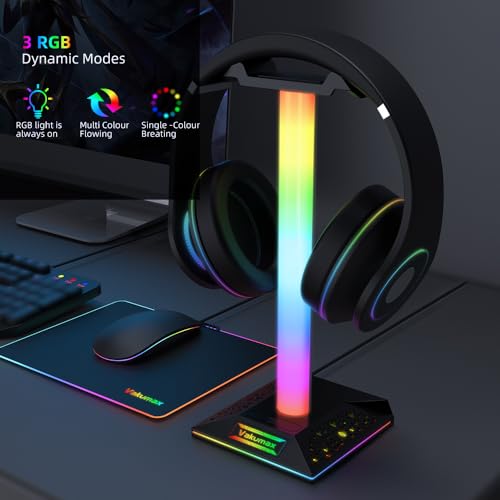 RGB-PC-Gaming-Headset-Ständer mit Lade-Hub – 3 Anschlüsse (USB/Tpye-C-Ladeanschluss), Kopfhörerhalter mit 10 Farbmodi, Touch-Steuerung, Schreibtisch-Organizer und Kabelmanagement Bild 2