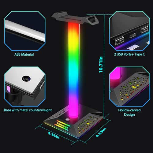 RGB-PC-Gaming-Headset-Ständer mit Lade-Hub – 3 Anschlüsse (USB/Tpye-C-Ladeanschluss), Kopfhörerhalter mit 10 Farbmodi, Touch-Steuerung, Schreibtisch-Organizer und Kabelmanagement Bild 3