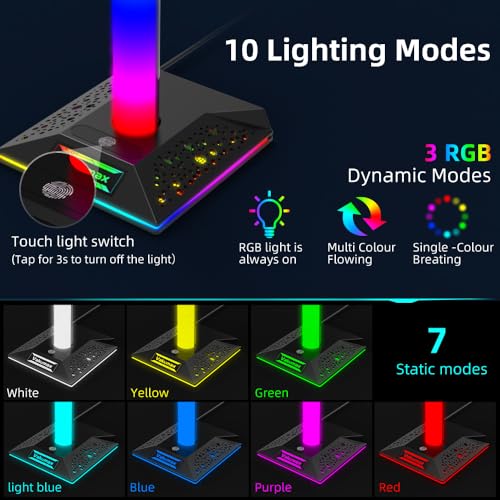RGB-PC-Gaming-Headset-Ständer mit Lade-Hub – 3 Anschlüsse (USB/Tpye-C-Ladeanschluss), Kopfhörerhalter mit 10 Farbmodi, Touch-Steuerung, Schreibtisch-Organizer und Kabelmanagement Bild 4