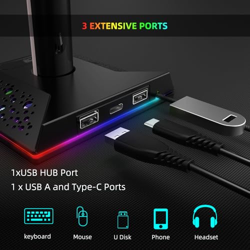 RGB-PC-Gaming-Headset-Ständer mit Lade-Hub – 3 Anschlüsse (USB/Tpye-C-Ladeanschluss), Kopfhörerhalter mit 10 Farbmodi, Touch-Steuerung, Schreibtisch-Organizer und Kabelmanagement Bild 5