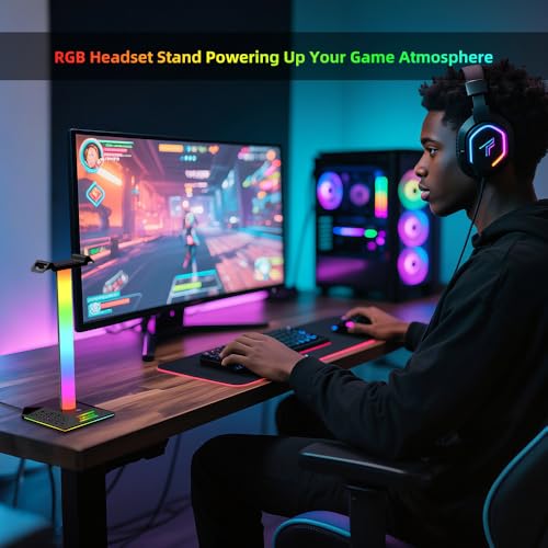 RGB-PC-Gaming-Headset-Ständer mit Lade-Hub – 3 Anschlüsse (USB/Tpye-C-Ladeanschluss), Kopfhörerhalter mit 10 Farbmodi, Touch-Steuerung, Schreibtisch-Organizer und Kabelmanagement Bild 6