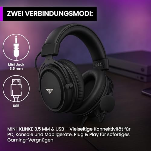 PREYON Gaming Headset mit Mikrofon Abnehmbar Klinke 3.5mm Kabel Kopfhörer für PS5 PC Xbox PS4 Nintendo - Head Set Kabelgebunden USB 7.1 Sound Klare Stimme E-Sport- Storm Fly II Schwarz Bild 2