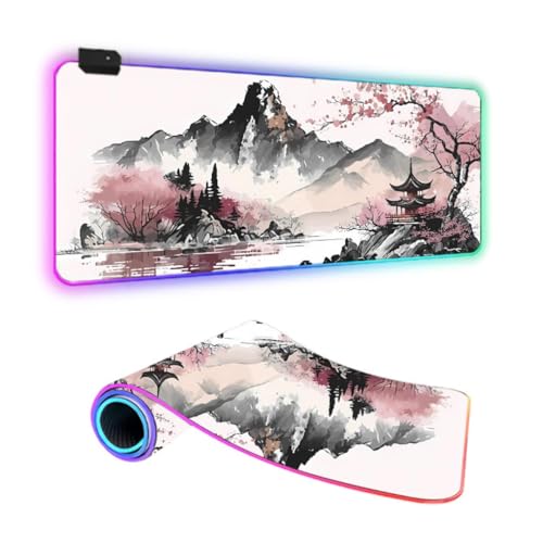 FANSU Japanischer Stil RGB Gaming Mauspad XXL, Groß Multifunktionales Mousepad mit 14 Farben LED-Licht, USB, für Computer PC Laptop Tastatur Professionelle Gamer (Tuschemalerei,800x300x4mm) Bild 1