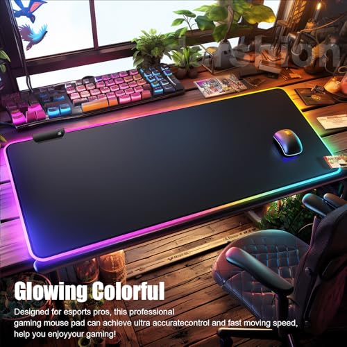 FANSU Japanischer Stil RGB Gaming Mauspad XXL, Groß Multifunktionales Mousepad mit 14 Farben LED-Licht, USB, für Computer PC Laptop Tastatur Professionelle Gamer (Tuschemalerei,800x300x4mm) Bild 6