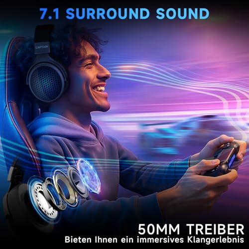 syndesmos Gaming Headset für PS5, PS4, PC, Xbox, Nintendo Switch, Kabellos Gaming Kopfhörer mit 50mm Treiber, 7.1 Surround Sound, RGB-Licht, Bluetooth Gaming Headphones mit Mikrofon, Noise Cancelling Bild 2