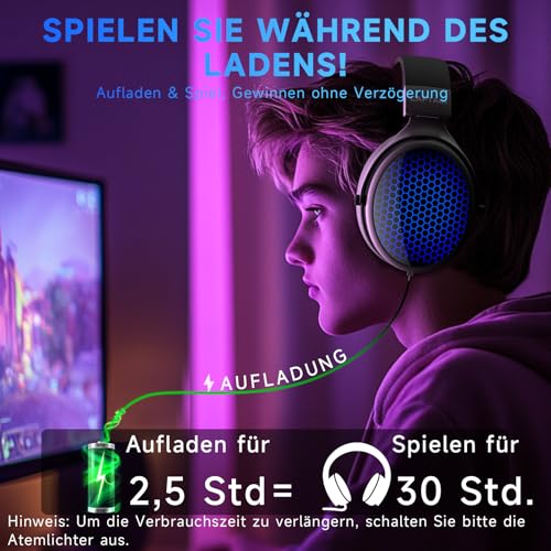 syndesmos Gaming Headset für PS5, PS4, PC, Xbox, Nintendo Switch, Kabellos Gaming Kopfhörer mit 50mm Treiber, 7.1 Surround Sound, RGB-Licht, Bluetooth Gaming Headphones mit Mikrofon, Noise Cancelling Bild 5