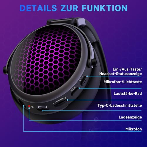 syndesmos Gaming Headset für PS5, PS4, PC, Xbox, Nintendo Switch, Kabellos Gaming Kopfhörer mit 50mm Treiber, 7.1 Surround Sound, RGB-Licht, Bluetooth Gaming Headphones mit Mikrofon, Noise Cancelling Bild 7