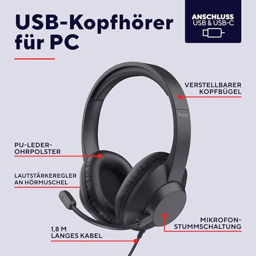 Trust Roha II Max USB Headset mit Mikrofon Over-Ear, Kopfhörer mit Kabel 180 cm, 85% Recyclingkunststoff, USB-C Headphones für PC Mac Office Chat Teams Videokonferenz Zoom, Schwarz Bild 2