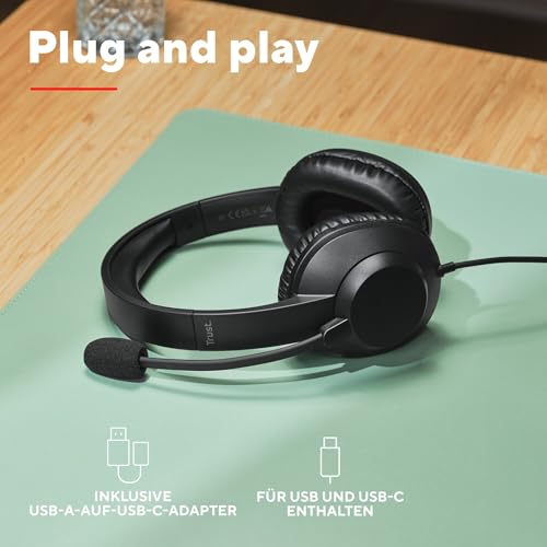 Trust Roha II Max USB Headset mit Mikrofon Over-Ear, Kopfhörer mit Kabel 180 cm, 85% Recyclingkunststoff, USB-C Headphones für PC Mac Office Chat Teams Videokonferenz Zoom, Schwarz Bild 5