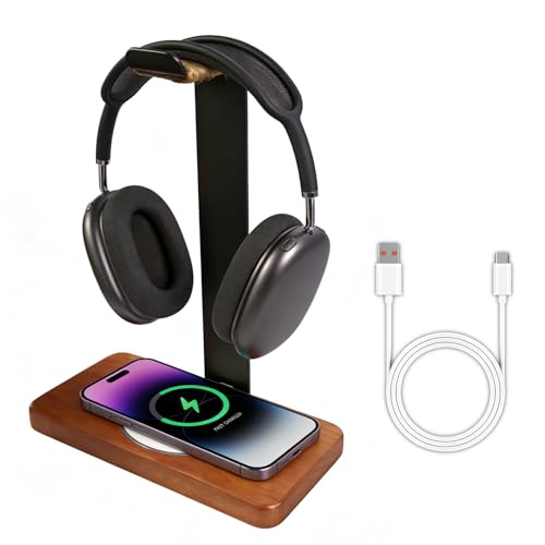 Massiver hölzerner Kopfhörer-Halter, universeller Headset-Ständer mit kabellosem Ladegerät, max. 15 W für Schreibtisch, kabelloses Ladegerät, Kopfhörerhalter für Gaming-Schreibtisch, kompatibel mit Bild 1