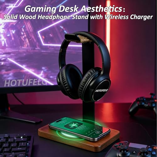 Massiver hölzerner Kopfhörer-Halter, universeller Headset-Ständer mit kabellosem Ladegerät, max. 15 W für Schreibtisch, kabelloses Ladegerät, Kopfhörerhalter für Gaming-Schreibtisch, kompatibel mit Bild 2