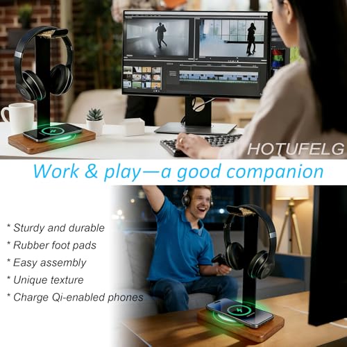 Massiver hölzerner Kopfhörer-Halter, universeller Headset-Ständer mit kabellosem Ladegerät, max. 15 W für Schreibtisch, kabelloses Ladegerät, Kopfhörerhalter für Gaming-Schreibtisch, kompatibel mit Bild 3