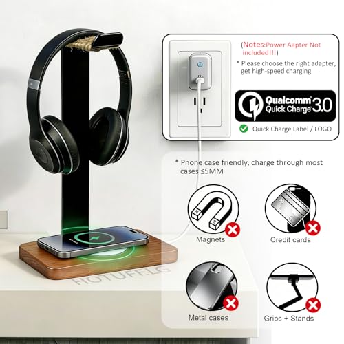 Massiver hölzerner Kopfhörer-Halter, universeller Headset-Ständer mit kabellosem Ladegerät, max. 15 W für Schreibtisch, kabelloses Ladegerät, Kopfhörerhalter für Gaming-Schreibtisch, kompatibel mit Bild 4