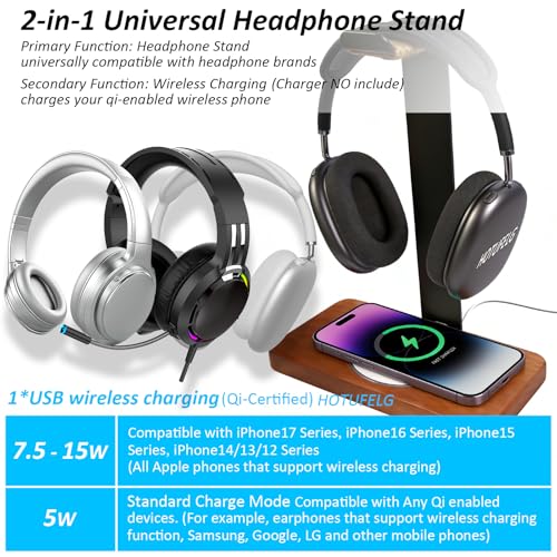 Massiver hölzerner Kopfhörer-Halter, universeller Headset-Ständer mit kabellosem Ladegerät, max. 15 W für Schreibtisch, kabelloses Ladegerät, Kopfhörerhalter für Gaming-Schreibtisch, kompatibel mit Bild 5