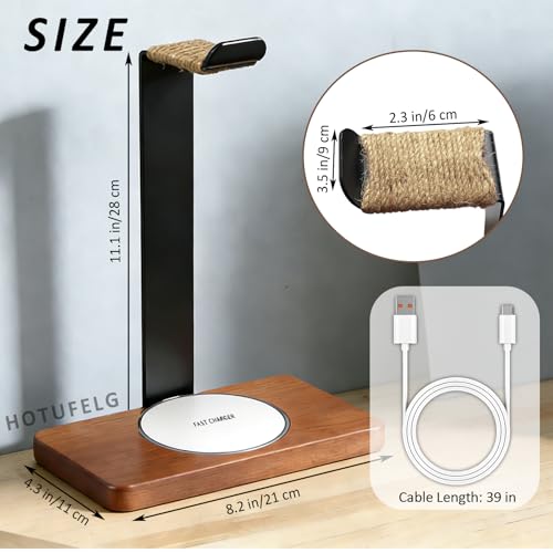 Massiver hölzerner Kopfhörer-Halter, universeller Headset-Ständer mit kabellosem Ladegerät, max. 15 W für Schreibtisch, kabelloses Ladegerät, Kopfhörerhalter für Gaming-Schreibtisch, kompatibel mit Bild 6