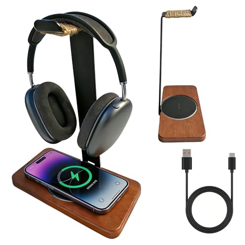 Massiver hölzerner Kopfhörer-Halter, universeller Headset-Ständer mit kabellosem Ladegerät, max. 15 W für Schreibtisch, kabelloses Ladegerät, Kopfhörerhalter für Gaming-Schreibtisch, kompatibel mit Bild 1