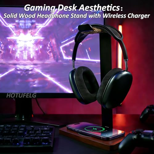 Massiver hölzerner Kopfhörer-Halter, universeller Headset-Ständer mit kabellosem Ladegerät, max. 15 W für Schreibtisch, kabelloses Ladegerät, Kopfhörerhalter für Gaming-Schreibtisch, kompatibel mit Bild 2