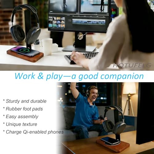 Massiver hölzerner Kopfhörer-Halter, universeller Headset-Ständer mit kabellosem Ladegerät, max. 15 W für Schreibtisch, kabelloses Ladegerät, Kopfhörerhalter für Gaming-Schreibtisch, kompatibel mit Bild 3