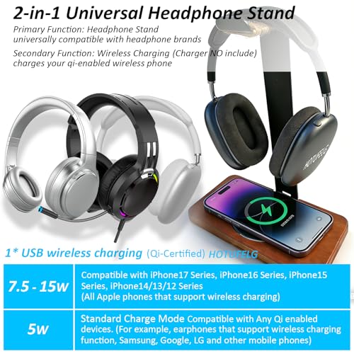 Massiver hölzerner Kopfhörer-Halter, universeller Headset-Ständer mit kabellosem Ladegerät, max. 15 W für Schreibtisch, kabelloses Ladegerät, Kopfhörerhalter für Gaming-Schreibtisch, kompatibel mit Bild 4
