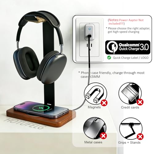Massiver hölzerner Kopfhörer-Halter, universeller Headset-Ständer mit kabellosem Ladegerät, max. 15 W für Schreibtisch, kabelloses Ladegerät, Kopfhörerhalter für Gaming-Schreibtisch, kompatibel mit Bild 5