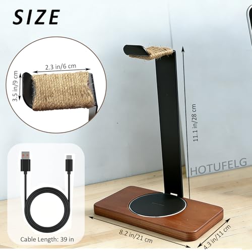 Massiver hölzerner Kopfhörer-Halter, universeller Headset-Ständer mit kabellosem Ladegerät, max. 15 W für Schreibtisch, kabelloses Ladegerät, Kopfhörerhalter für Gaming-Schreibtisch, kompatibel mit Bild 6