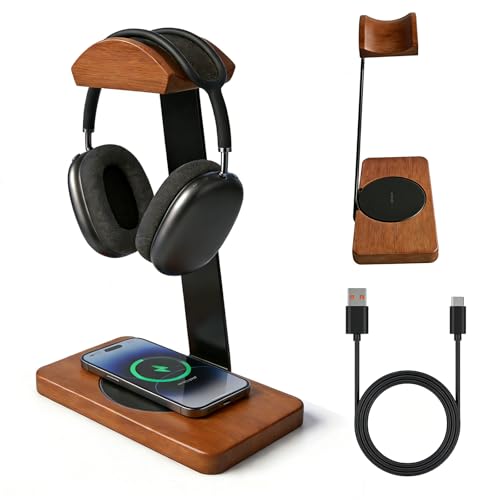Massiver hölzerner Kopfhörer-Halter, universeller Headset-Ständer mit kabellosem Ladegerät, max. 15 W für Schreibtisch, kabelloses Ladegerät, Kopfhörerhalter für Gaming-Schreibtisch, kompatibel mit Bild 1