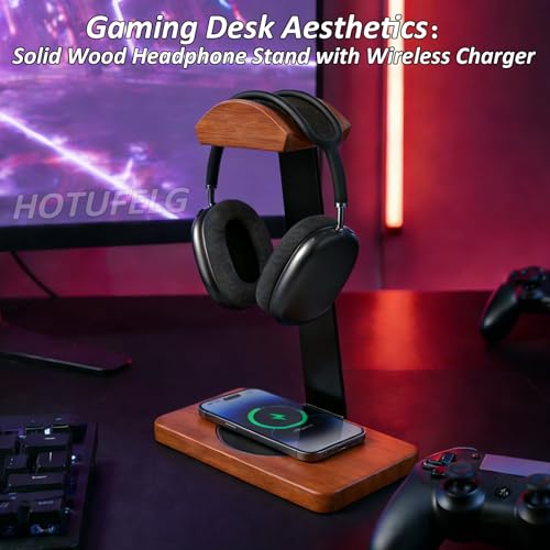 Massiver hölzerner Kopfhörer-Halter, universeller Headset-Ständer mit kabellosem Ladegerät, max. 15 W für Schreibtisch, kabelloses Ladegerät, Kopfhörerhalter für Gaming-Schreibtisch, kompatibel mit Bild 3