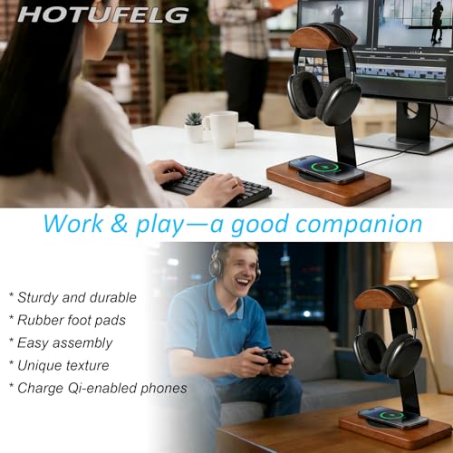 Massiver hölzerner Kopfhörer-Halter, universeller Headset-Ständer mit kabellosem Ladegerät, max. 15 W für Schreibtisch, kabelloses Ladegerät, Kopfhörerhalter für Gaming-Schreibtisch, kompatibel mit Bild 5