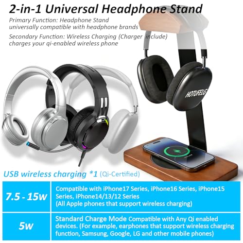 Massiver hölzerner Kopfhörer-Halter, universeller Headset-Ständer mit kabellosem Ladegerät, max. 15 W für Schreibtisch, kabelloses Ladegerät, Kopfhörerhalter für Gaming-Schreibtisch, kompatibel mit Bild 6