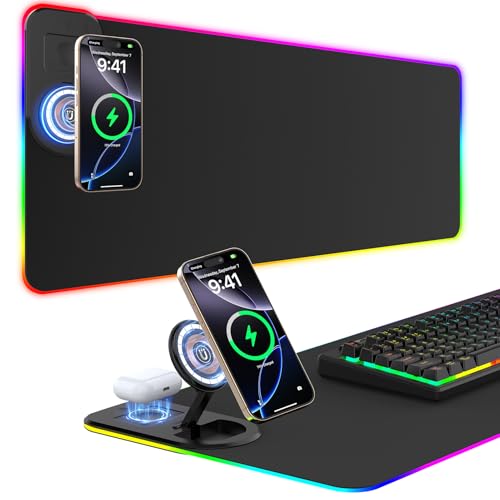 RGB Gaming Mauspad 15W Qi Mousepad LED 800x350x4mm 10 Beleuchtungsmodi mit 10W Schnellladung Qi Kabelloses Laden für I-Phone 13/13 Pro Handy, Kopfhörer, Wasserdicht, rutschfest (Schwarz-Ständer) Bild 1
