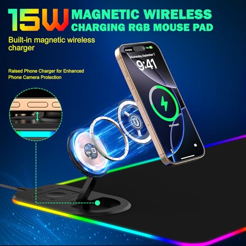 RGB Gaming Mauspad 15W Qi Mousepad LED 800x350x4mm 10 Beleuchtungsmodi mit 10W Schnellladung Qi Kabelloses Laden für I-Phone 13/13 Pro Handy, Kopfhörer, Wasserdicht, rutschfest (Schwarz-Ständer) Bild 3