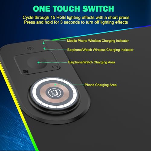 RGB Gaming Mauspad 15W Qi Mousepad LED 800x350x4mm 10 Beleuchtungsmodi mit 10W Schnellladung Qi Kabelloses Laden für I-Phone 13/13 Pro Handy, Kopfhörer, Wasserdicht, rutschfest (Schwarz-Ständer) Bild 4
