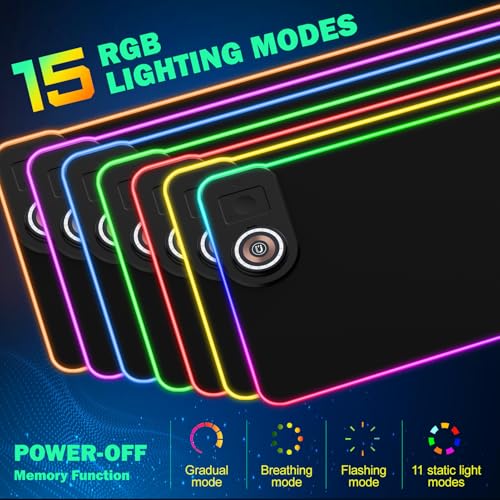 RGB Gaming Mauspad 15W Qi Mousepad LED 800x350x4mm 10 Beleuchtungsmodi mit 10W Schnellladung Qi Kabelloses Laden für I-Phone 13/13 Pro Handy, Kopfhörer, Wasserdicht, rutschfest (Schwarz-Ständer) Bild 5