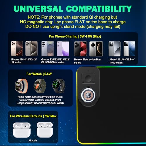RGB Gaming Mauspad 15W Qi Mousepad LED 800x350x4mm 10 Beleuchtungsmodi mit 10W Schnellladung Qi Kabelloses Laden für I-Phone 13/13 Pro Handy, Kopfhörer, Wasserdicht, rutschfest (Schwarz-Ständer) Bild 6