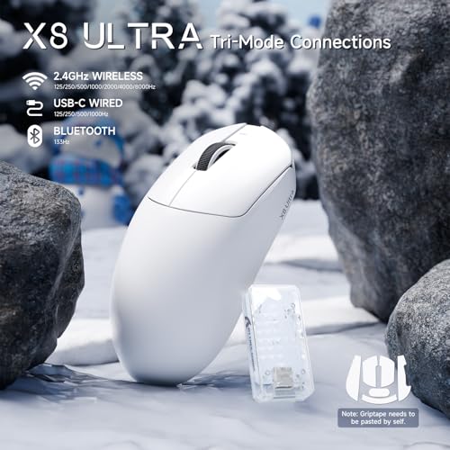ATTACK SHARK X8 Ultra 8KHz Drahtlose Gaming-Maus, 55g Ultraleicht, Nordic 52840, PAW3950MAX, 42KDPI, BT/2.4Ghz/USB-C, Kühle Nano-Beschichtung, Große Hände, 500mAh, Griptape, SW & Web Driver (Weiß) Bild 2