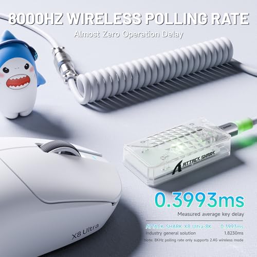 ATTACK SHARK X8 Ultra 8KHz Drahtlose Gaming-Maus, 55g Ultraleicht, Nordic 52840, PAW3950MAX, 42KDPI, BT/2.4Ghz/USB-C, Kühle Nano-Beschichtung, Große Hände, 500mAh, Griptape, SW & Web Driver (Weiß) Bild 4