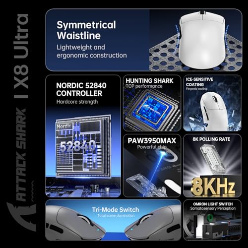 ATTACK SHARK X8ULTRA Mouse for Large Hand, 55g Superlight, PixArt PAW3950MAX Gaming Sensor, BT/2.4G Wireless/Wired, Adjustable DPI up to 42000, 500mAh Battery (White) Bild 5