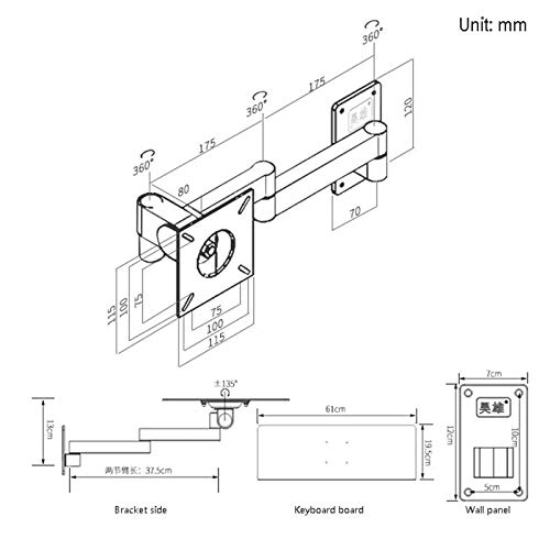 Verstellbarer Tastaturarm zur Wandmontage, tragbar, drehbare Halterung für Tastatur/Maus, Gelenkunterstützung für Home Office & Gaming Setup Bild 2