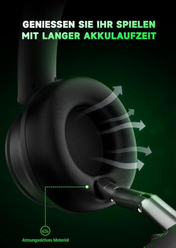 Wireless Gaming Headset für Xbox Series X|S, Xbox One, PS5, PS4, Noise Cancelling Bluetooth 5.3 Kabelloses Gaming Kopfhörer, PC Headset mit Mikrofon, 3D-Surround-Sound, 45H Batterie, Schwarz-Grüne Bild 6
