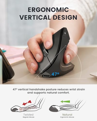 Perixx PERIMICE-813RX Kabellose Ergonomische Vertikale Maus, Multi-Device-Konnektivität, Wiederaufladbar Mit Ladestation, Einstellbare DPI 1000/1600/2400/3200, Schwarz Bild 3