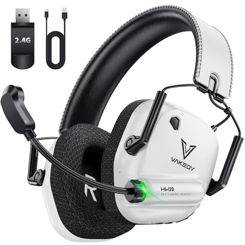 Vakedy Gaming Headset Wireless, 2,4 GHz USB & Bluetooth Gaming Kopfhörer mit Mikrofon, 50 mm Treiber, geringe Latenz, 50 Std Akku, Kopfhörer Kabellos für PS5, PS4, PC, Mac, Switch (Weiß/Schwarz) Bild 1