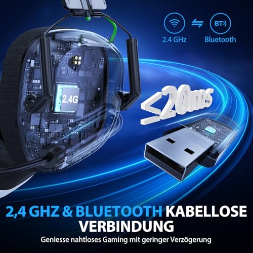 Vakedy Gaming Headset Wireless, 2,4 GHz USB & Bluetooth Gaming Kopfhörer mit Mikrofon, 50 mm Treiber, geringe Latenz, 50 Std Akku, Kopfhörer Kabellos für PS5, PS4, PC, Mac, Switch (Weiß/Schwarz) Bild 2
