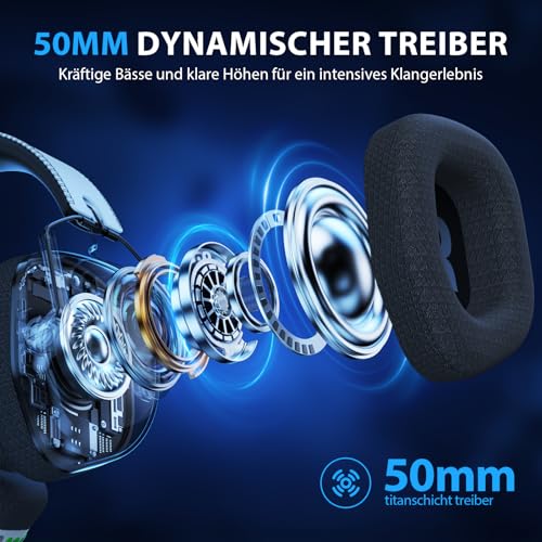 Vakedy Gaming Headset Wireless, 2,4 GHz USB & Bluetooth Gaming Kopfhörer mit Mikrofon, 50 mm Treiber, geringe Latenz, 50 Std Akku, Kopfhörer Kabellos für PS5, PS4, PC, Mac, Switch (Weiß/Schwarz) Bild 3
