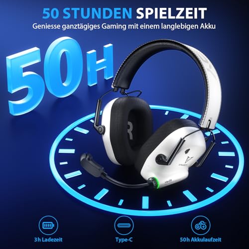 Vakedy Gaming Headset Wireless, 2,4 GHz USB & Bluetooth Gaming Kopfhörer mit Mikrofon, 50 mm Treiber, geringe Latenz, 50 Std Akku, Kopfhörer Kabellos für PS5, PS4, PC, Mac, Switch (Weiß/Schwarz) Bild 5
