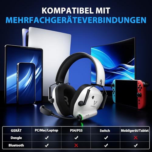 Vakedy Gaming Headset Wireless, 2,4 GHz USB & Bluetooth Gaming Kopfhörer mit Mikrofon, 50 mm Treiber, geringe Latenz, 50 Std Akku, Kopfhörer Kabellos für PS5, PS4, PC, Mac, Switch (Weiß/Schwarz) Bild 6
