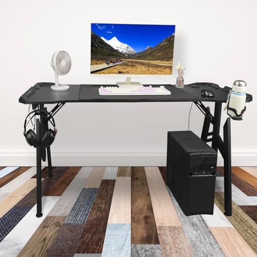 Pilipane Gaming -Schreibtisch Computertisch mit LED -Leuchten Moderne robuste Stahlbeine geräumig 1,4 m Design eingebauter Becherhalter Kopfhörer Ständer großes Maus -Pad für Home Study Bild 2