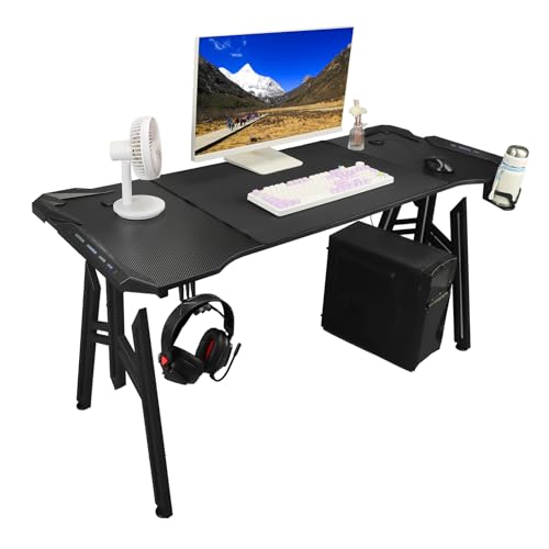 Pilipane Gaming -Schreibtisch Computertisch mit LED -Leuchten Moderne robuste Stahlbeine geräumig 1,4 m Design eingebauter Becherhalter Kopfhörer Ständer großes Maus -Pad für Home Study Bild 7