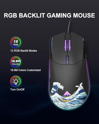 G705 USB-Gaming-Maus leichte, geräuscharme Maus mit RGB-Hintergrundbeleuchtung, Einstellbarer Auflösung von 12000DPI/7 und 7 programmierbaren Seitentasten, Schwarzes Kanagawa-Design Bild 2